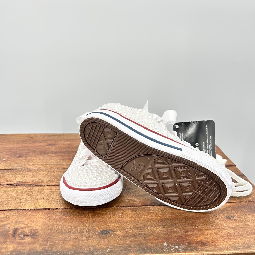 Converse All Star Pearl Embellished Low Top White Ribbon Lace Heart Charm Size 9 - Picture 6 of 7